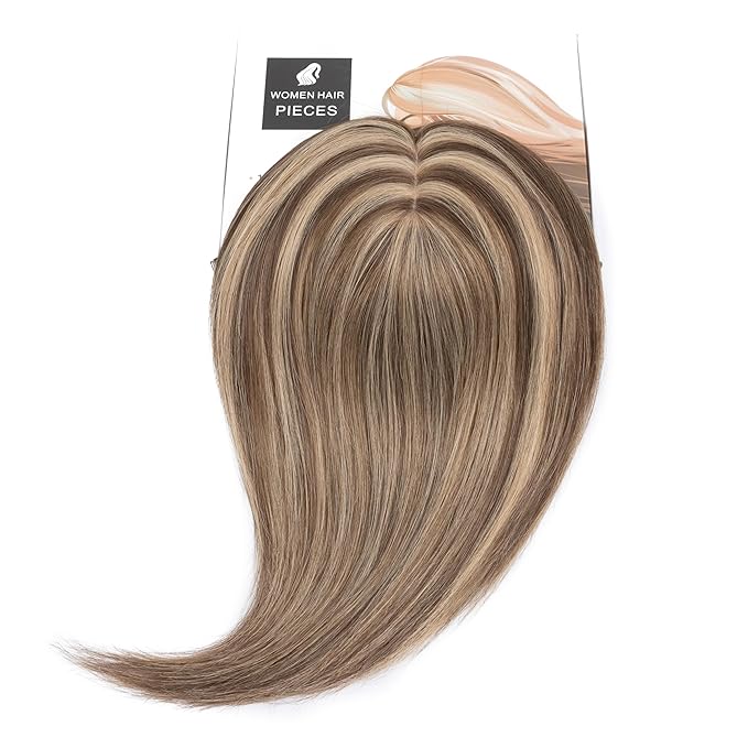 Rich Choices Hair Toppers for Women Real Human Hair 100% Human Remy Toppers NO Bangs with Thinning on Top Clip in Hairpiece 4"x4.7"Lace Base 10 Inch #4P27 Medium Brown Highlights Dark Blonde