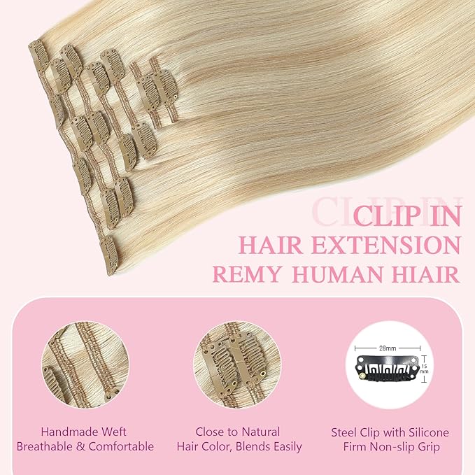 PINKPEARL Clip in Hair Extensions #27P60 Caramel Blonde Highlighted Platinum Blonde 120g 7pcs 22 Inch Clip in Hair Extensions Real Human Hair Hair Extension Clip Ins(#27P60-22)