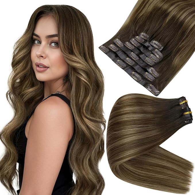 Full Shine Clip in Human Hair Extensions Balayage Dark Brown to Brown Mix Caramel Blonde Clip in Hair Extensions Softness Remy Hair 14 Inch 8 PCS 120 Grams