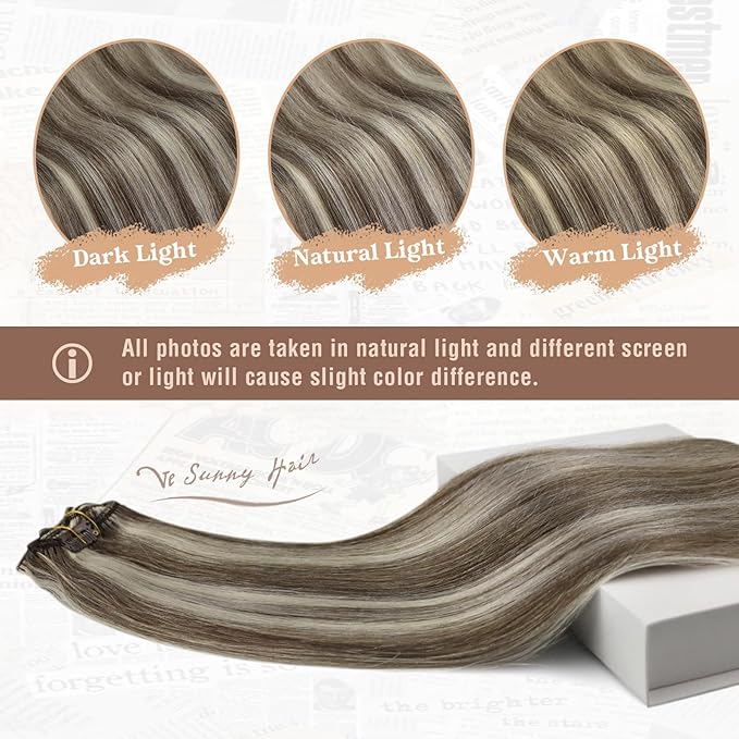 Ve Sunny Clip in Hair Extensions Real Human Hair Double Weft Remy Hair Clip in Extensions Human Hair for Women Full Head Light Brown Highlight Platinum Blonde 7pcs 120g 22 inch