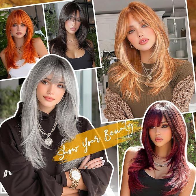 SOFEIYAN Long Straight Layered Brown Ombre Blonde Wig with Bangs 24 Inch Synthetic Natural Hair Wig Soft Heat Resistant Long Wigs for Women Daily Party Use