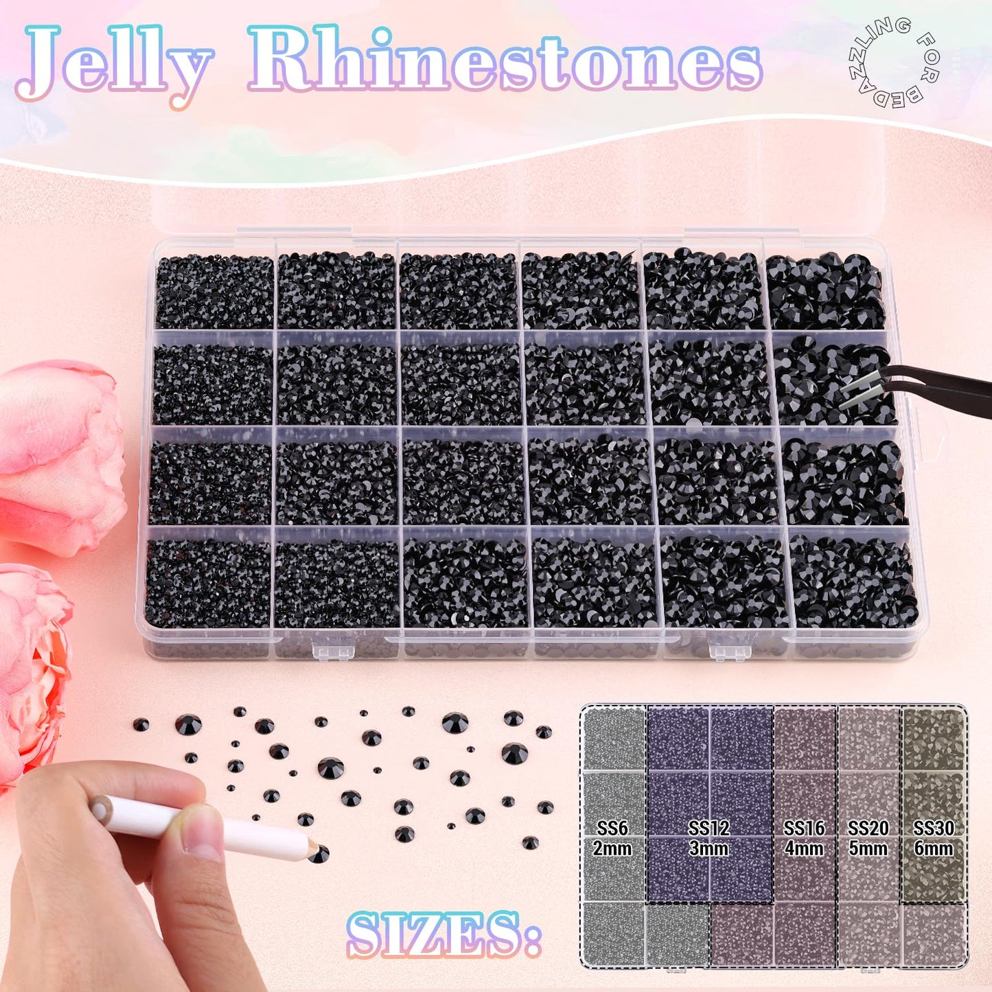 25000Pcs Resin Jelly Rhinestones with Tweezers for Crafting, 2-6mm Mixed Sizes (Black) Non Hotfix Flatback Gems, Bedazzling Crystal for DIY Crafts Clothing Tumblers Mugs Shoes Decor Nail Art
