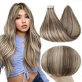 Full Shine Tape in Hair Extensions 18 Inch Ash Brown Highlights Platinum Blonde 8p60 Invisible Tape in Hair Extensions Human Hair Adhesive Remy Seamless Tape Extensions 50G 20Pcs for Wedding