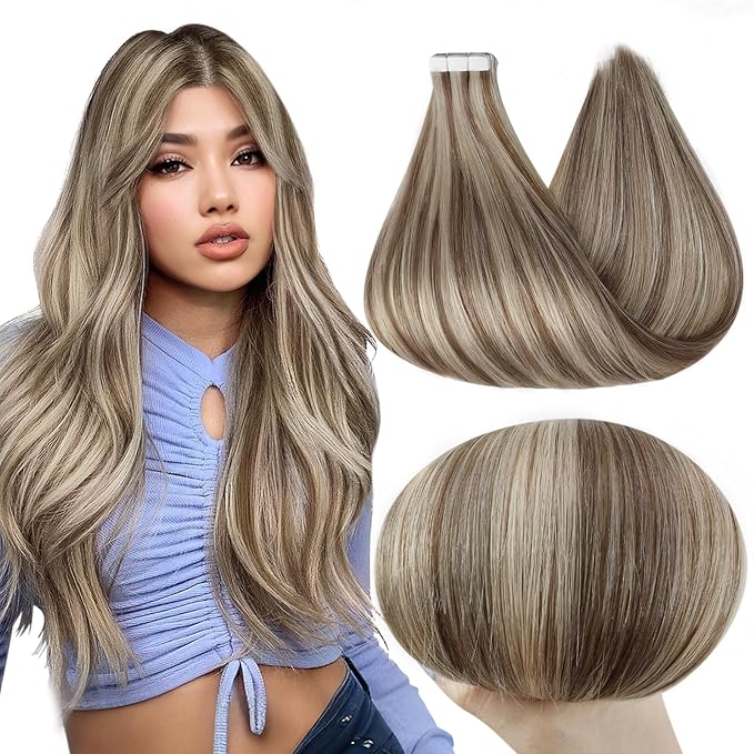 Full Shine Soft Remy Tape in Human Hair Extensions 20Inch Color 8 Ash Brown Highlighted 60 Platinum Blonde Real Hair Extensions Tape ins Add Length 50G 20Pcs for Women