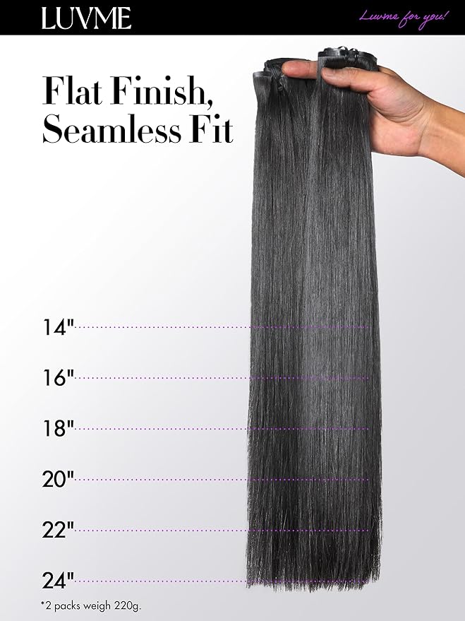 LUVME Silky Straight Seamless 2 Pack 220g 14Pcs Clip in Hair Extensions Full Max with 24inch Remy Human Hair Extensions, Natural Black 100% Real Soft Hair