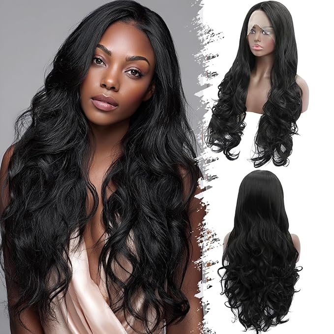 Long Black Synthetic Lace Front Wig Heat Resistant Body Wave Lace Front Wavy Wigs Free Part Natural Hair Wig for Women 24 Inch Fashion Glueless (24 Inch)