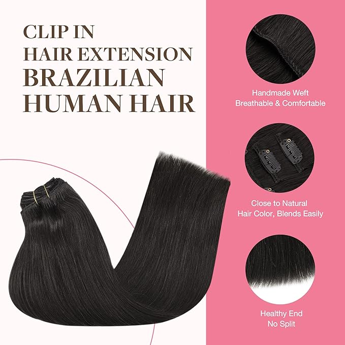 GOO GOO Clip in Hair Extensions Real Human Hair, Remy Human Hair Extensions Clip ins for Women, Natural Human Hair, 24inch 240g 9Pcs, #1B Natural Black
