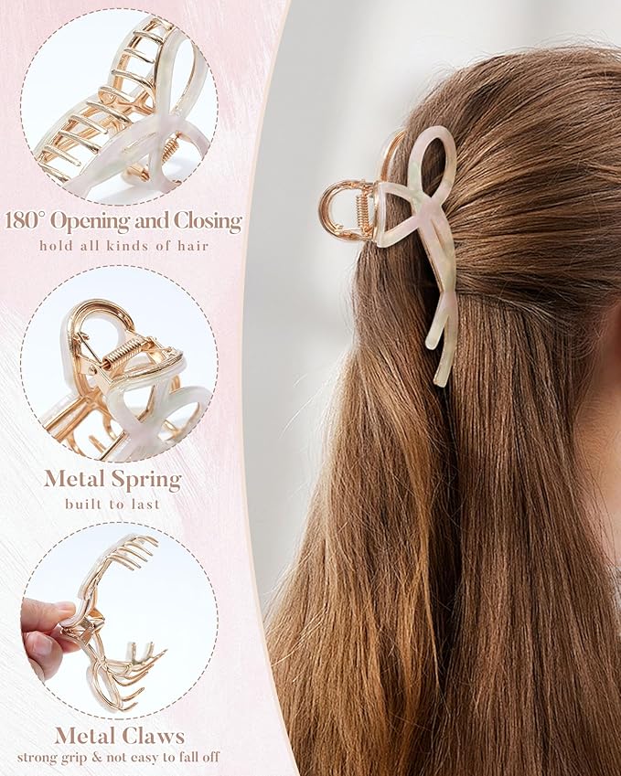 ACECHA 2 Pack Gold Metal Bow Hair Claw Clips for Women, 4.5" Colorful Non-slip Hairclips for Thick Thin Hair Claws Strong Hold Styling (B-White)