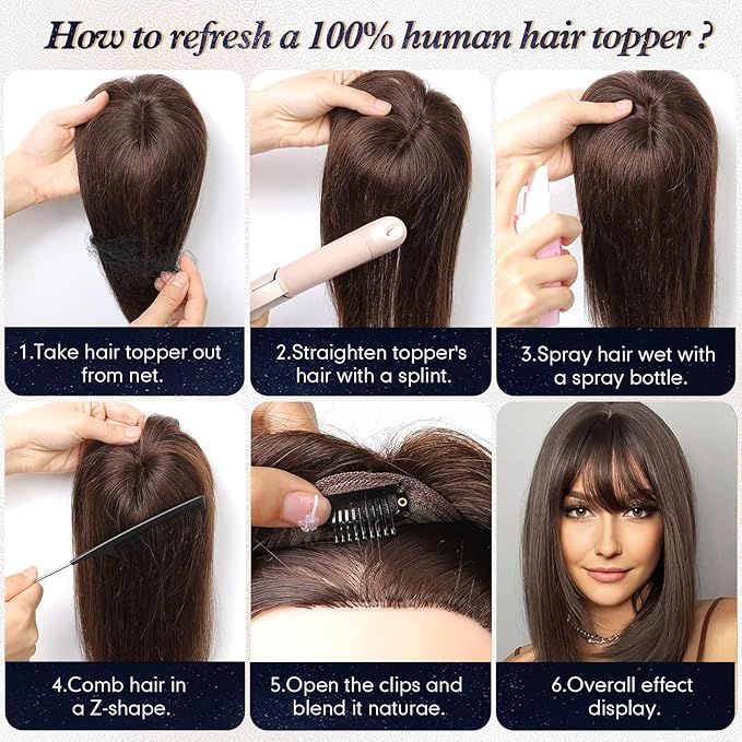 starluck Hair Toppers with Bangs for Women, 5 * 5.5" Large Base, Brown Real Human Toppers for Thinning Hair and Gray Root Coverage