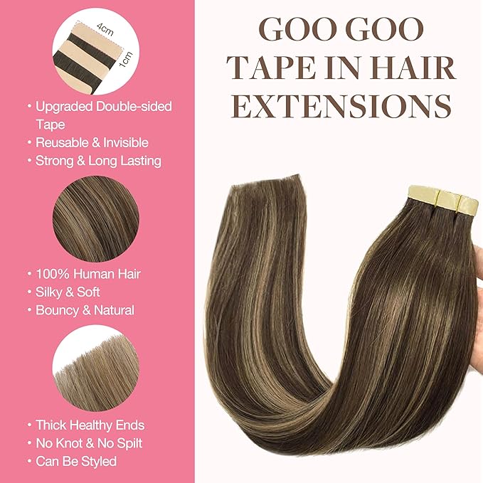 GOO GOO Tape in Hair Extensions Human Hair, 4/27/4 Balayage Chocolate Brown to Caramel Blonde, 28inch 60g 20pcs, Skin Weft Seamless Invisible, Silky Straight with Thick Ends, Remy Human Hair