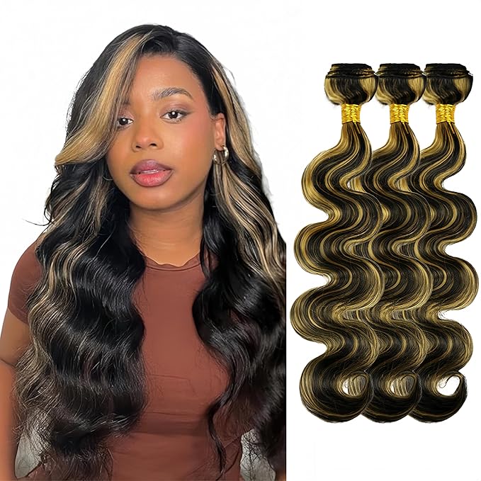 Highlight Bundles Human Hair P1B27 Body Wave Bundle Niegmeag Virgin Remy Hair 3 Bundles 24 26 28 Inch Double Weft 2 Tone Black and Hondy Blonde Bundle Hair Weave
