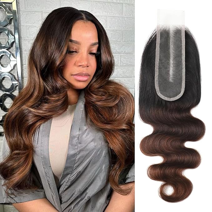 Chestnut Brown Ombre 2x6 HD Lace Closure Body wave 3 Tone Ombre Medium Auburn Colored T1B/2/30 2x6 Transparent Lace Closure 100% Virgin Human Hair 150% Density 12 Inch