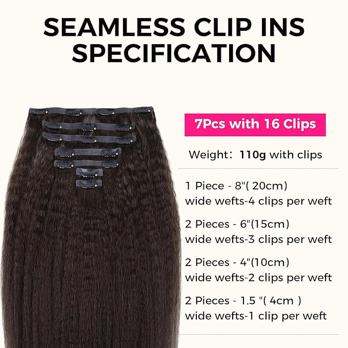 Lashey Seamless Clip in Hair Extensions Human Hair #2 Dark Brown Kinky Straight 7Pcs 110g 18inch Soft Flat PU Weft Real Human Hair Clip in for Women