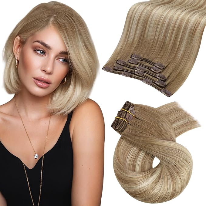 Moresoo Light Brown Balayage Clip in Hair Extensions Human Hair Remy Light Brown to Medium Blonde Ombre Clip in Extensions for Short Thin Hair Straight 80g/5pcs 12inch