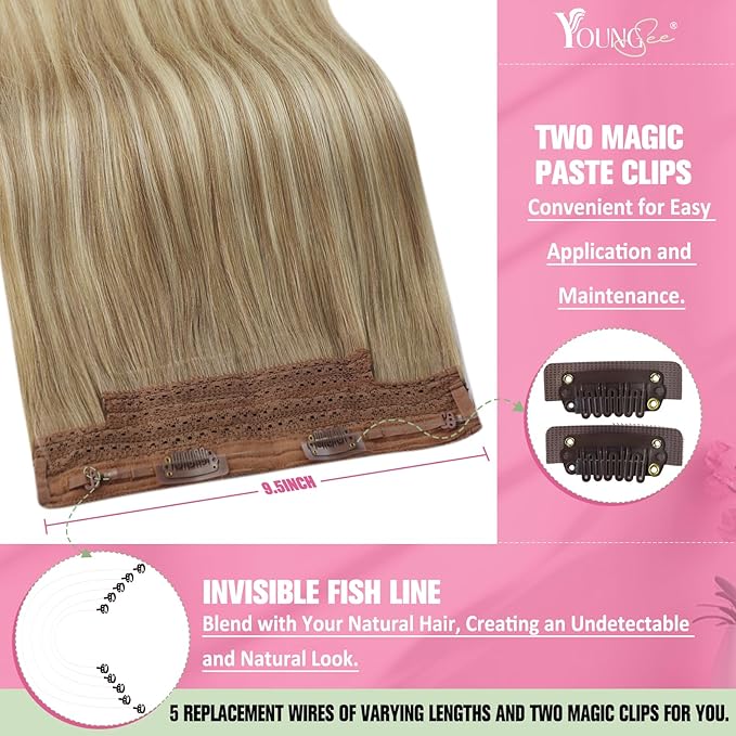 YoungSee 130G Light Brown Wire Hair Extensions for Women Balayage Human Hair Wire Extensions Light Brown Mix Platinum Blonde Fish Line Hair Extensions Human Hair 22Inch