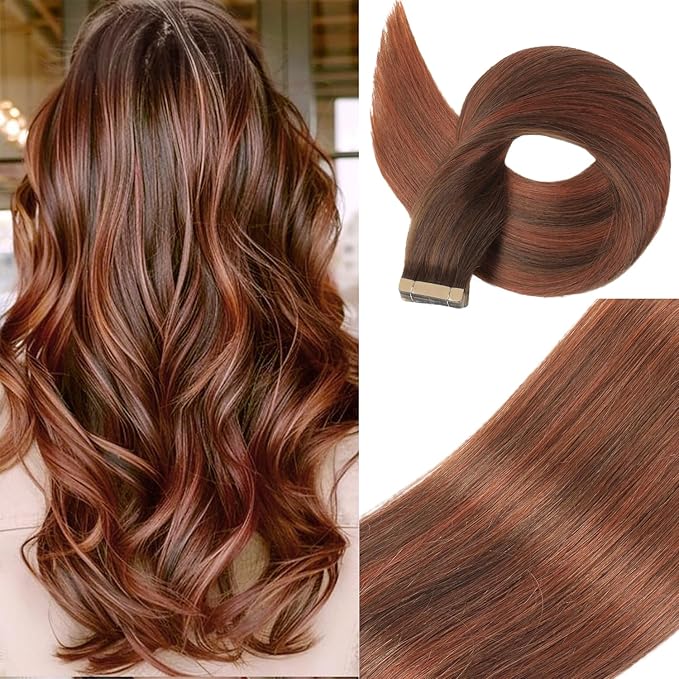 Human Hair Tape in Extensions Chocolate Brown to Auburn Brown 22 Inch 20pcs Seamless Skin Weft Tape in Hair Extensions Double Sided Invisible Tape in Hair Extensions Human Hair (#4/33/4,22 Inch)