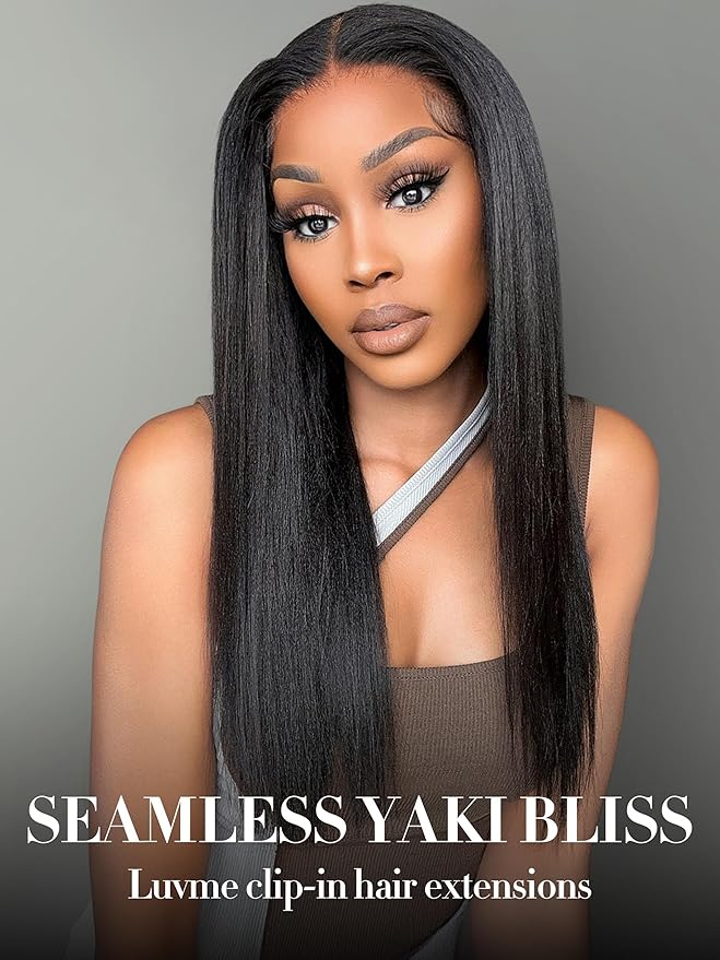 LUVME Yaki Straight Clip in Hair Extensions Real Human Hair For Women 100% Unprocessed Brazilian Virgin Hair clip ins Natural Black Hair Extensions 135g 9pcs 14 Inch
