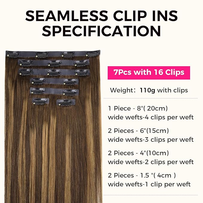 Lashey Seamless Clip in Hair Extensions Human Hair, 14 Inch 110g 7pcs Straight Balayage Chocolate Brown to Honey Blonde with Brown Root Highlight Clip in Hair Extensions for Women