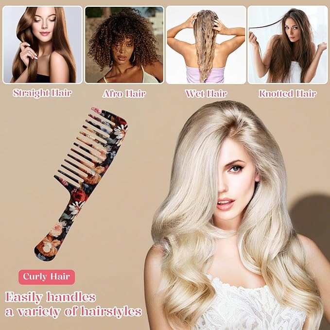 Wide Tooth Comb,Effortless Tangle Removal for Curly, Wet, Long Hair Wet,Cute Aesthetic Design for Women Men and Girls (Black-06)