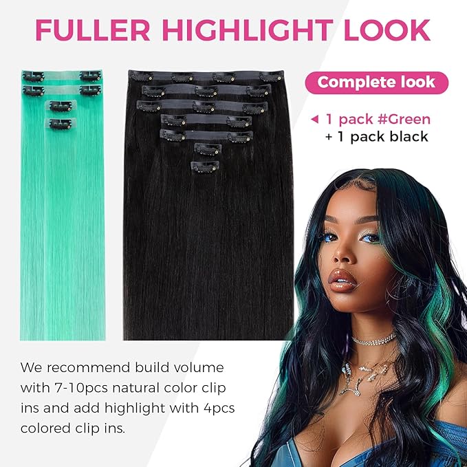 Lashey Seamless Clip in Hair Extensions Human Hair 4pcs 37g Green 16 Inch Straight Hair Extensions Clip ins with PU Soft Invisi Edge