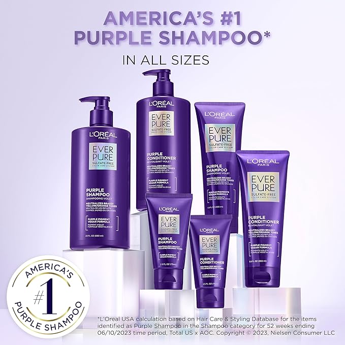 L’Oreal Paris Sulfate Free Brass Toning Purple Conditioner for Blonde, Bleached, Silver, or Brown Highlighted Hair, EverPure, 6.8 Fl Oz (Packaging May Vary)