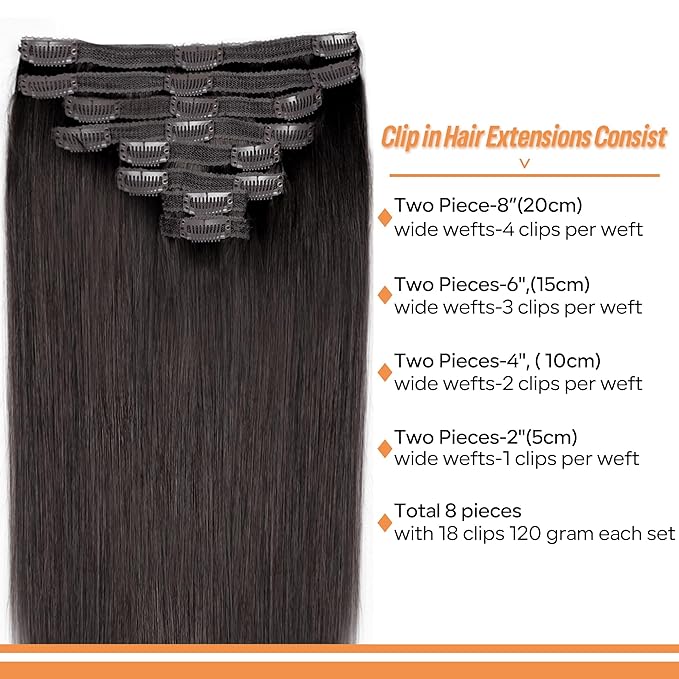 Straight Clip In Hair Extensions Real Human Hair 8Pcs Clip In Dark Brown Human Hair Extensions with 18Clips Lace Weft 120g 18inch #2 Dark Brown
