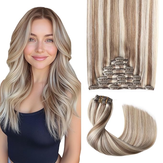Pro2.0 Clip in Hair Extensions Real Human Hair 120g Thick 7pcs Color #8p60 Brown Highlights Platinum Blonde Remy Real Human Hair Extensions Clip ins 14inch Double Weft（#8p60-14inch）