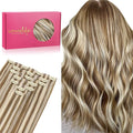 WENNALIFE Seamless Clip In Hair Extensions, 16 Inch 7pcs 130g Ash Brown with Platinum Blonde Highlights Hair Extensions Clip In Real Human Hair Extensions Invisible PU Weft Hair