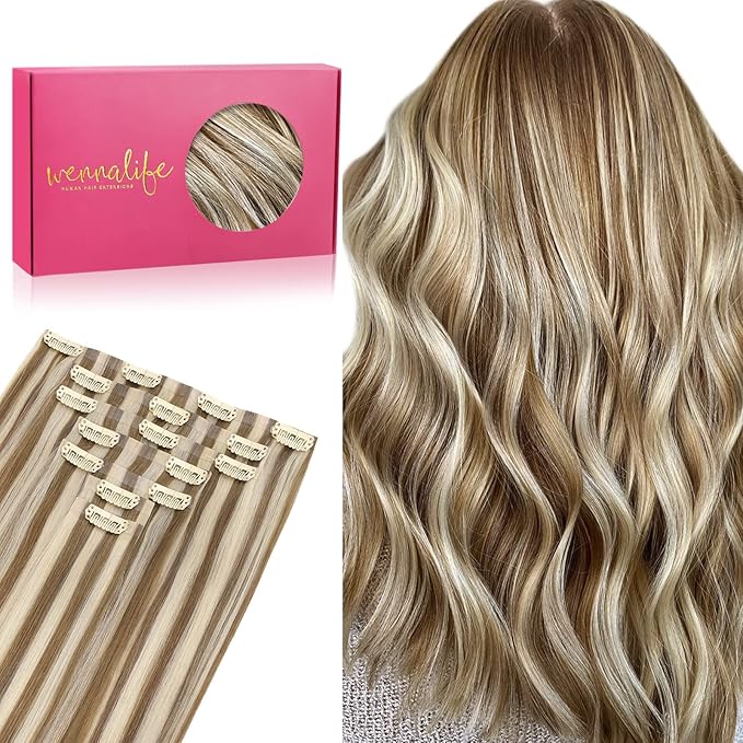 WENNALIFE Seamless Clip In Hair Extensions, 20 Inch 7pcs 150g Ash Brown Highlighted Golden Blonde Hair Extensions Clip In Real Human Hair Extensions Clip In Invisible PU Weft Human Hair Extensions