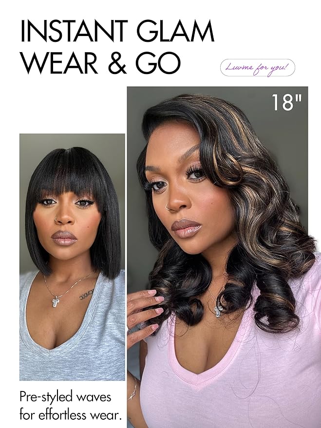 LUVME HAIR 100% Human Hair Wigs Loose Wave Glueless Lace Front 12 Inches, Pre Cut Plucked Hd Lace Short Wig Ready To Go Highlight Color Straight Bleached Knots Side Part Wigs