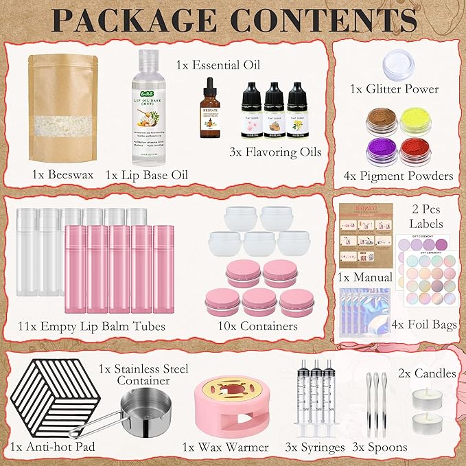 Lip Balm Making Kit - DIY Lip Gloss Kit to Make Your Own Lip Balm with Natural Beeswax, Lip Base Oil, Essential Oil, Tubes, Jars Lip Balm Craft Kit For Adults Girls Moisturizing Lip Care Kit