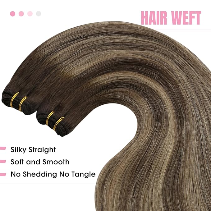 YoungSee 130G Weft Hair Extensions 24 inch Balayage Sew in Hair Extensions Dark Brown with Caramel Blonde Balayage Double Weft Human Hair Extension for Natural Look