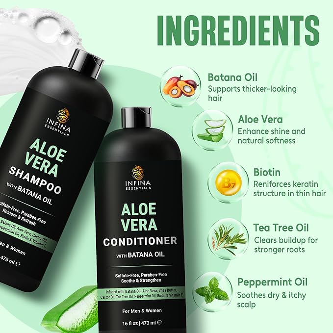 Aloe Vera Shampoo and Conditioner Set | 16 fl oz Each | with Batana Oil | Hydrating, Soothing & Moisture Balance Formula | Nourishing Care for Dry, Itchy or Sensitive Scalp