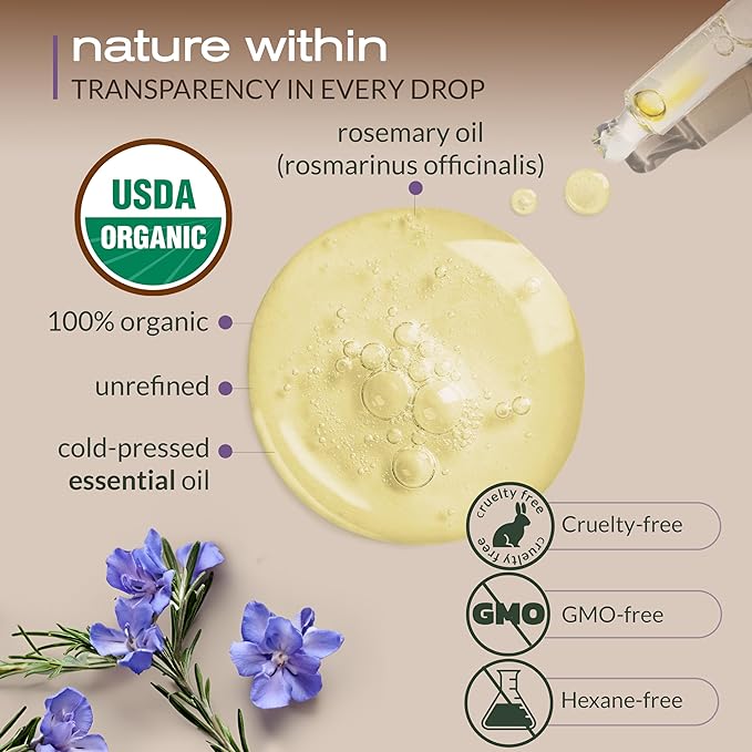 Ella & Eden Organic Rosemary Essential Oil - BIG 4 Fl Oz bottle, 100% Pure, Steam-Distilled, Hexane-Free - for Hair Growth, Skin, Aromatherapy - Glass Bottle