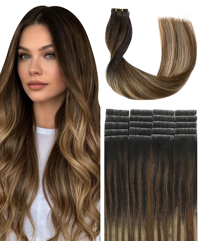 SURNEL Injection Tape in Hair Extensions 22 Inch Natural Black to Medium Brown and Caramel Blonde Seamless Invisible Tape in Extensions 20 Pcs 50g(#1B427,22)