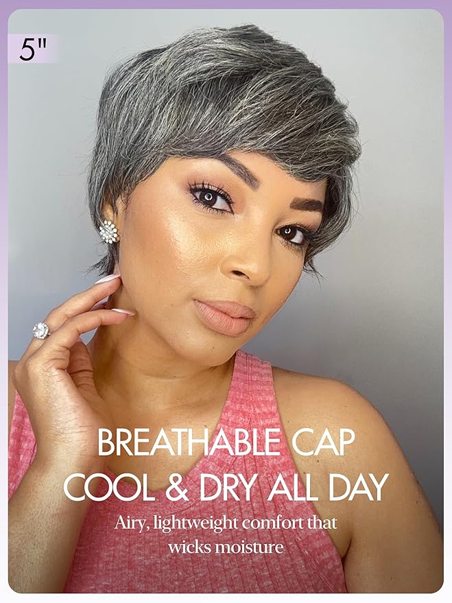LUVME HAIR Ultra Comfort Salt & Pepper Gray Wigs Throw On & Go Short Pixie Cut with Bangs 5 Inches Skin Friendly Cotton Cap 100% Real Human Hair Glueless Wig Glueless Wig Hair Full Machine Made