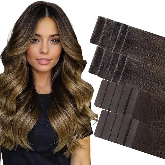 GOO GOO Invisi Edge Tape in Hair Extensions Human Hair, 1D/2C/4E Chocolate Dip Color Melt10pcs injected with 10pcs classical tape ins, 18inch 50g, Virgin Remy Hair, Natural Look