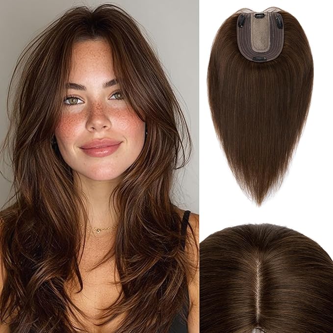 Rich Choices Hair Toppers for Women Real Human Hair 100% Human Remy Toppers NO Bangs for Women with Thinning on Top Clip in Hairpiece 4"x4.7"Lace Base 6 Inch #4 Medium Brown