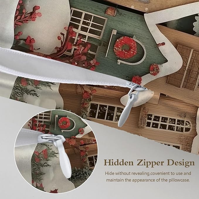 Xmas Colorful Snowy Houses Satin Pillowcase with Zipper for Hair and Skin Red Floral 1 Pack Soft Silk Pillow Case Standard Size Wrinkle-Free Smooth and Cooling Satin Pillow Cover 20”x26”
