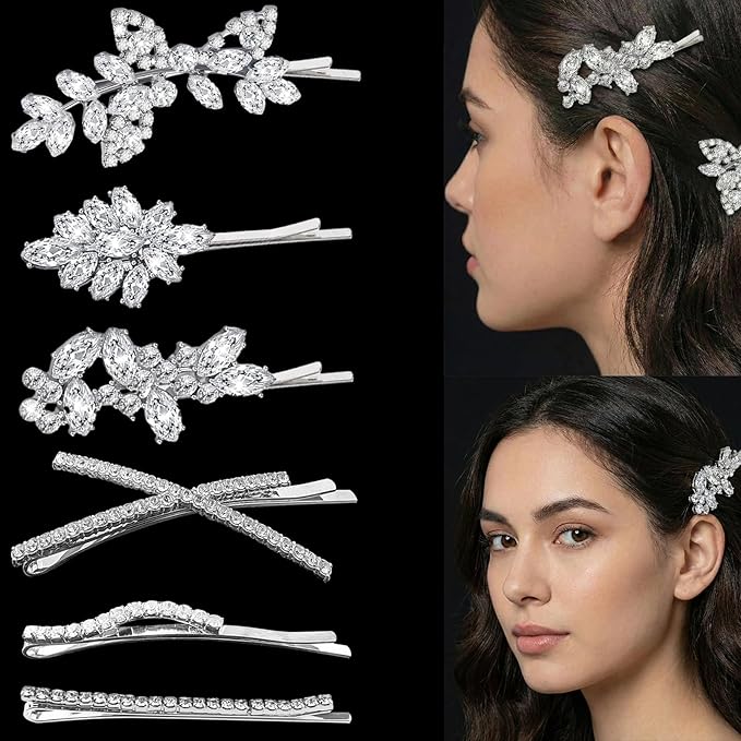 6 Pieces Delicate Bridal Hair Clips, Rhinestone Leaf Wedding Hair Pins, Crystal Bobby Pins, Silver Elegant Hairpins Jewelry Accessories Barrette for Brides Bridesmaids Flower Girls