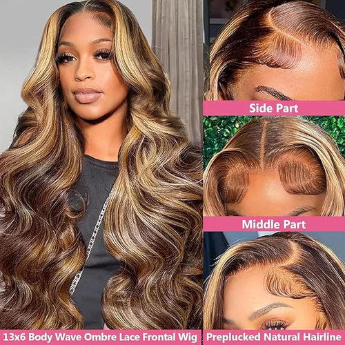34 Inch 13x6 Lace Front Wigs Human Hair 200 Density P4/27 Highlight Ombre Body Wave HD Lace Front Wigs Human Hair Pre Plucked