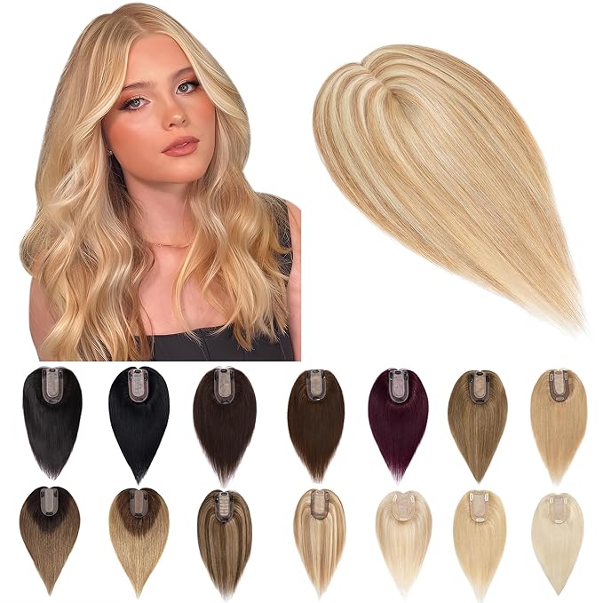 SEGO Human Hair Toppers for Women With Thinning Hair, 7 * 13CM Silk Base 100% Real Human Hair Clip in Top Wiglet Hairpieces -8 Inch No Bangs Golden Brown&Bleach Blonde