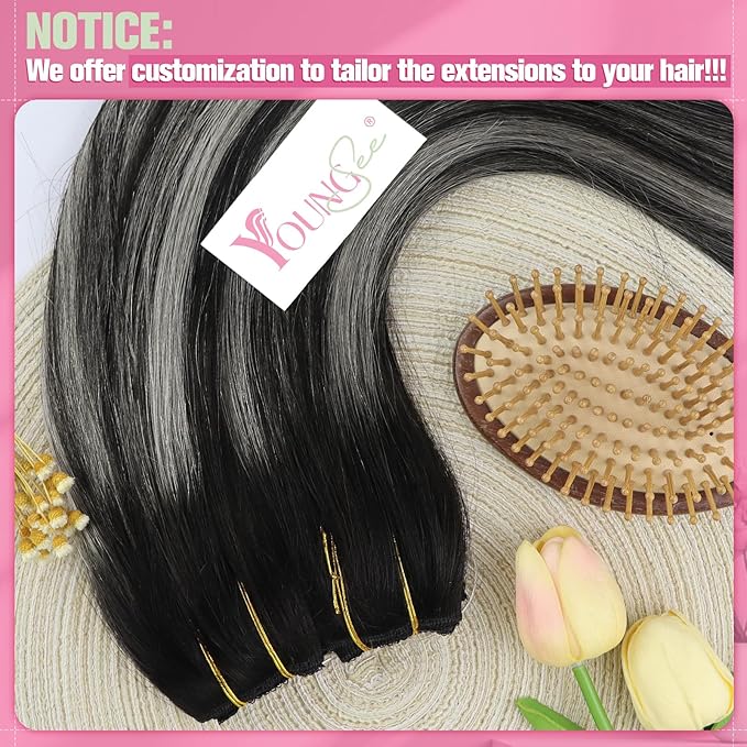 YoungSee 135G Wire Hair Extensions Ombre Black with Silver Hair Extensions Invisible Wire Black Ombre One Piece Hair Extension Real Human Hair 24Inch