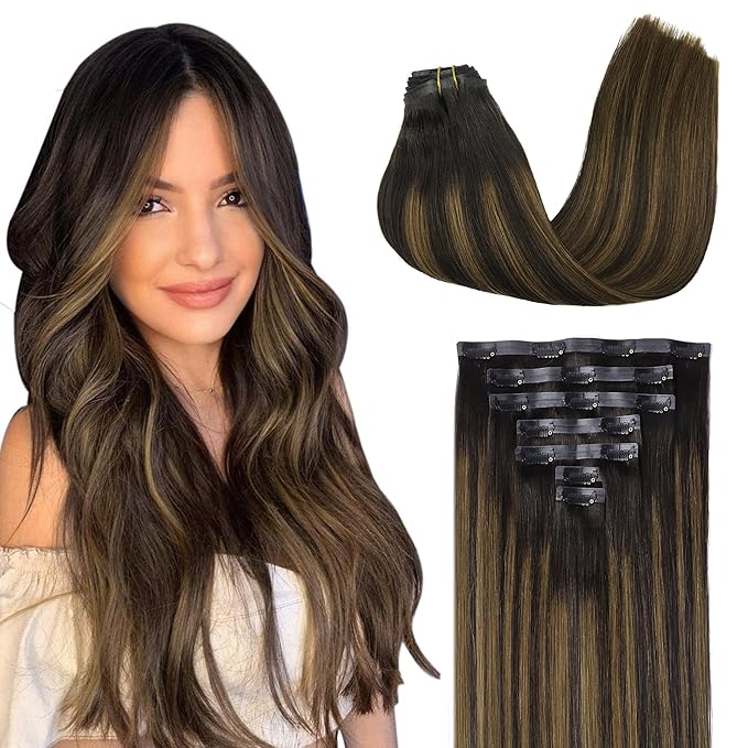 GOO GOO Clip in Hair Extensions Real Human Hair, Remy Human Hair Extensions Clip ins for Women, Natural Human Hair, 16inch 110g 7Pcs, 2/6/2 Balayage Dark Brown to Chestnut Brown
