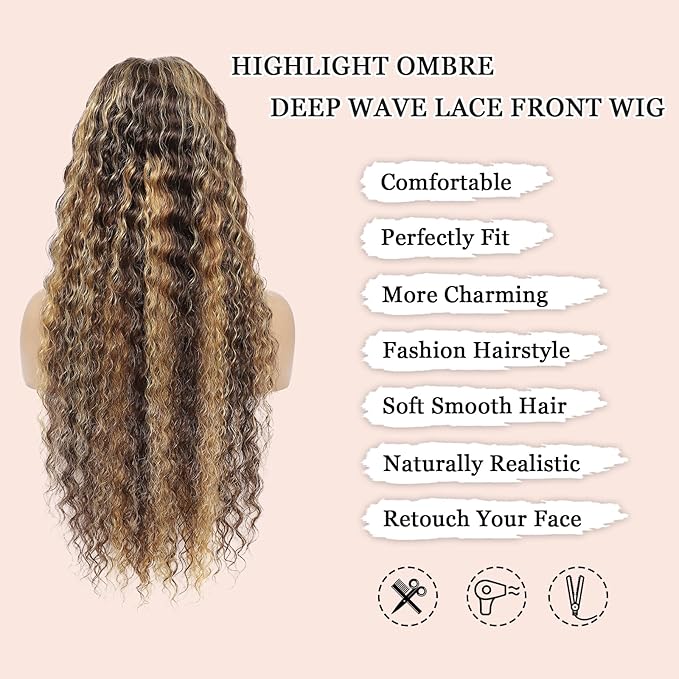 38Inch Highlight Ombre Human Hair Wigs 13x6 HD Honey Blonde Deep Wave Lace Front Wigs Human Hair 180 Density Glueless Deep Wave 4/27 Colored Wet and Wavy Curly Wig Pre Plucked for Women