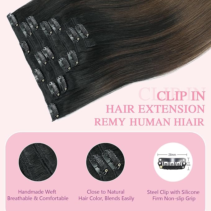 PINKPEARL Clip in Hair Extensions, 20 Inch 7pcs 120g #1BT4 Balayage Natural Black to Chocolate Brown, Hair Extensions Real Human Hair Clip Ins Natural Straight Hair for Women(#1BT4-20)