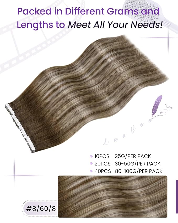 LaaVoo Tape in Hair Extensions Real Human Hair Tape in Hair Extensions Ombre Ash Brown to Blonde Mix with Platinum Blonde 22 Inch 40pcs 100g