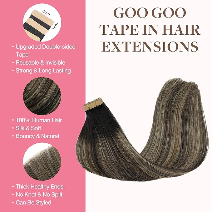 GOO GOO Tape in Hair Extensions Human Hair, 1B/19/1B Natural Black to Light Blonde, 18inch 100g 40pcs, Skin Weft Seamless Invisible, Silky Straight with Thick Ends, Remy Human Hair