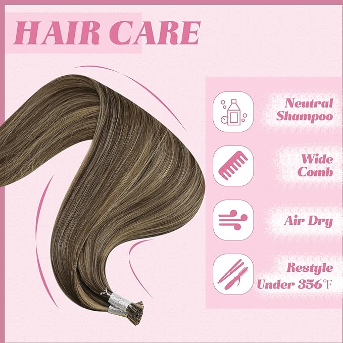 YoungSee I Tip Hair Extensions Highlight I Tips Hair Extensions Real Human Hair Dark Brown Highlights Blonde Tip Hair Extension for Women 16 Inch 50g 80s