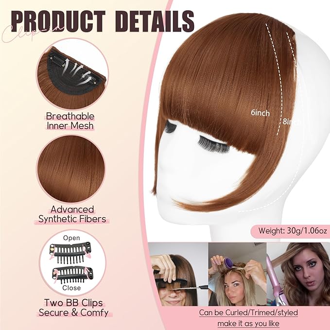 Clip in Bangs, Synthetic French Bangs Hair Clip, Light Auburn Fake Bangs Fringe with Temples Hairpieces for Women Natural Curved Hair Extensions for Daily Wear